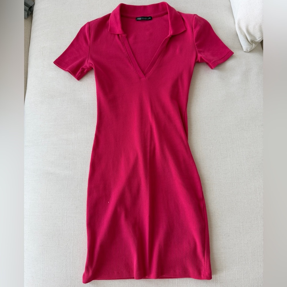 Zara Hot Pink Collared V-Neck Mini Dress